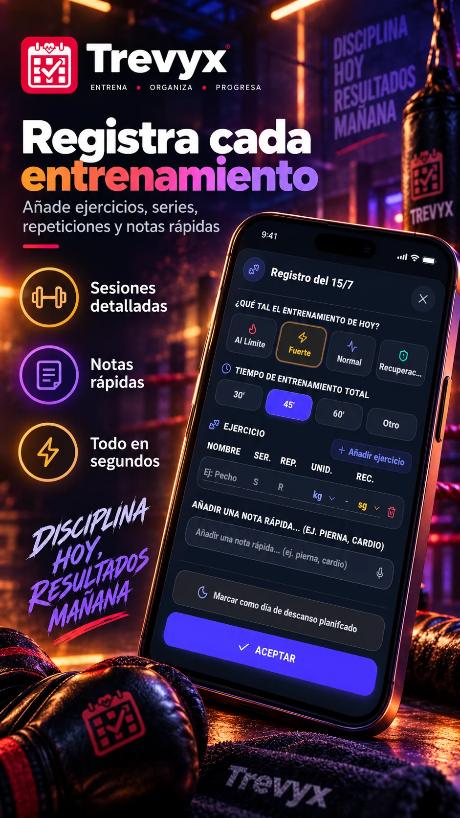 Póster de TREVYX sobre registrar cada entrenamiento